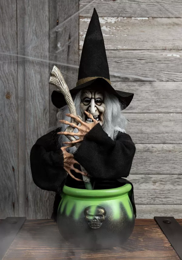 Clearance 17" Brewing Witch With Black Cauldron Decoration Animatronics