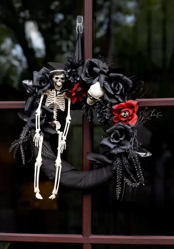 Cheap 18" Black Halloween Wreath With Skeleton & Flowers Decoration Door Decorations