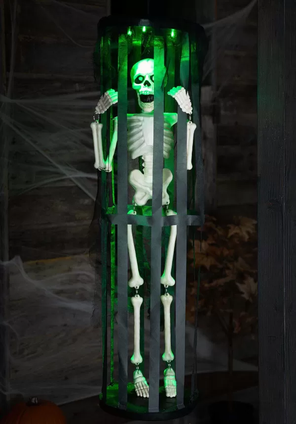 Cheap 40" Activated Led & Sound Shaking Skeleton In Cage Halloween Decoration Animatronics