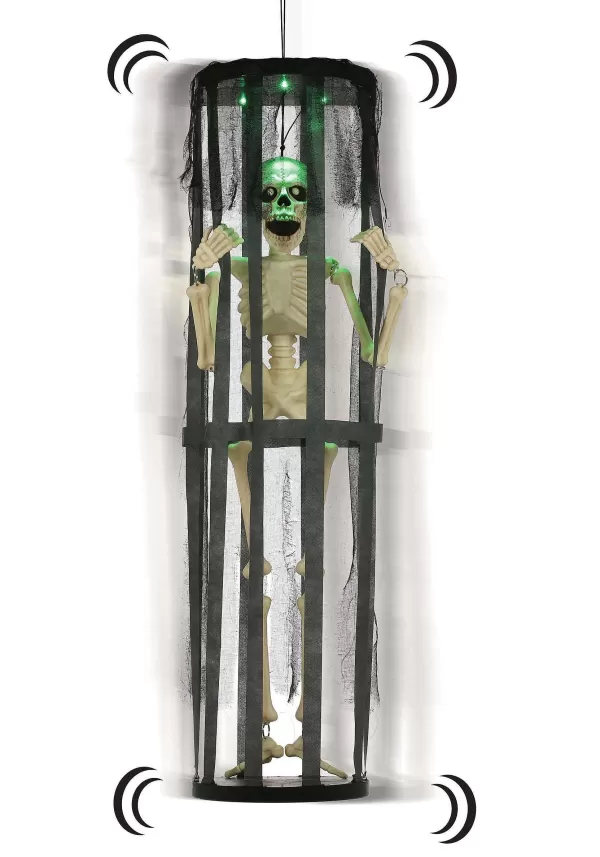 Cheap 40" Activated Led & Sound Shaking Skeleton In Cage Halloween Decoration Animatronics