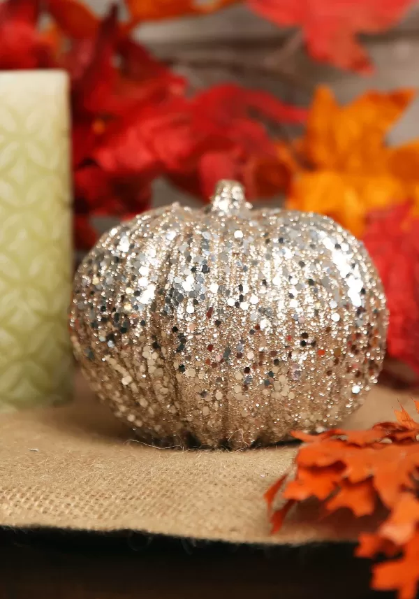 Store 4.5 Inch Short Champagne Glitter Pumpkin Indoor Decorations