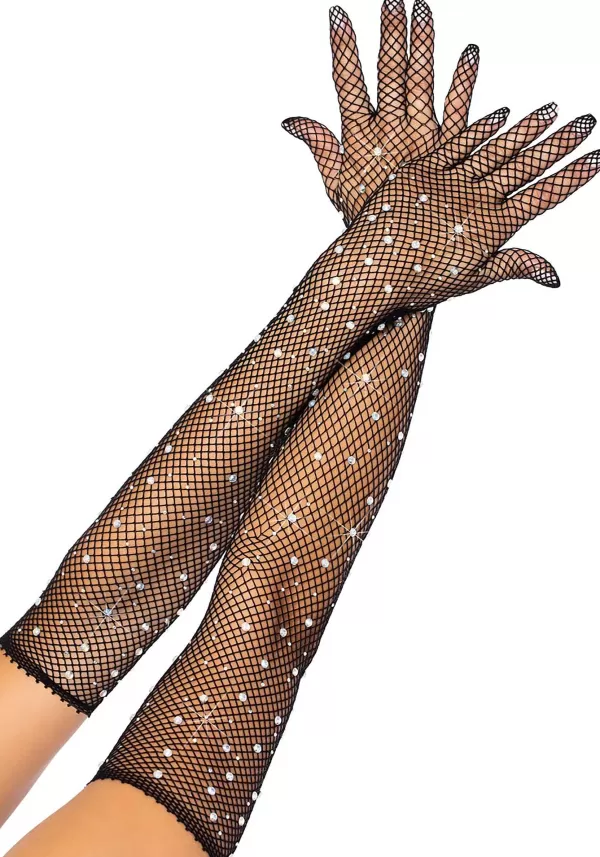 New Adult Fishnet Black Rhinestone Opera Gloves Gloves