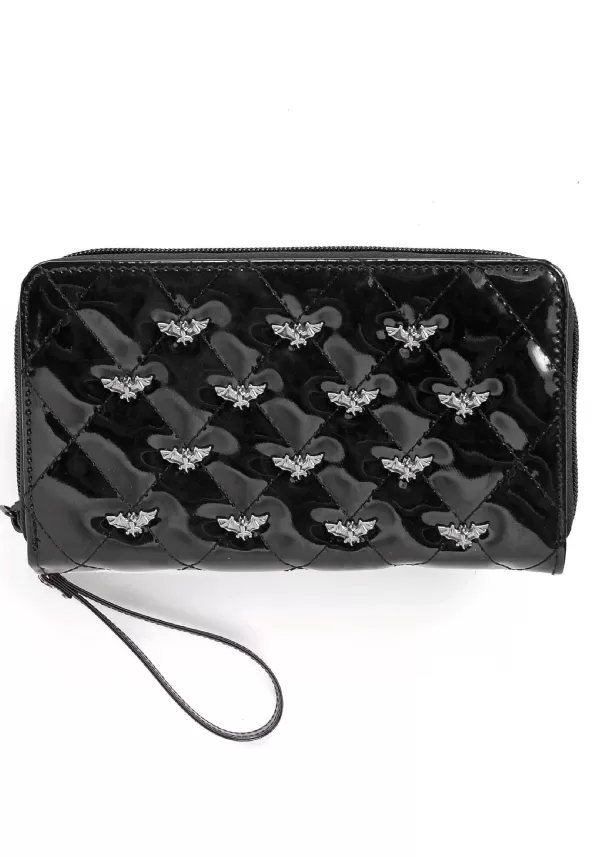 Clearance Bat Studded Quilted Faux Patent Zip-Around Black Wallet Halloween Clothes
