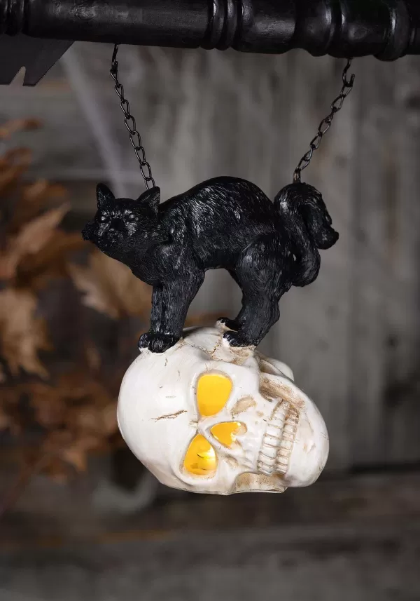 Cheap Black 8" Resin Cat On Led Skull Figure Halloween Lights