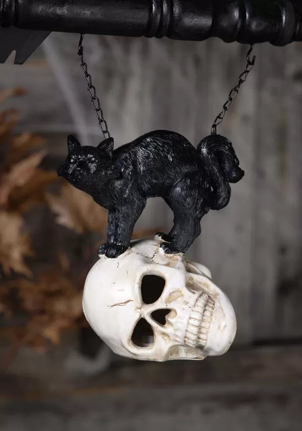 Cheap Black 8" Resin Cat On Led Skull Figure Halloween Lights