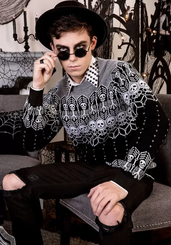 Shop Black And White Skeleton Adult Halloween Sweater Halloween Clothes