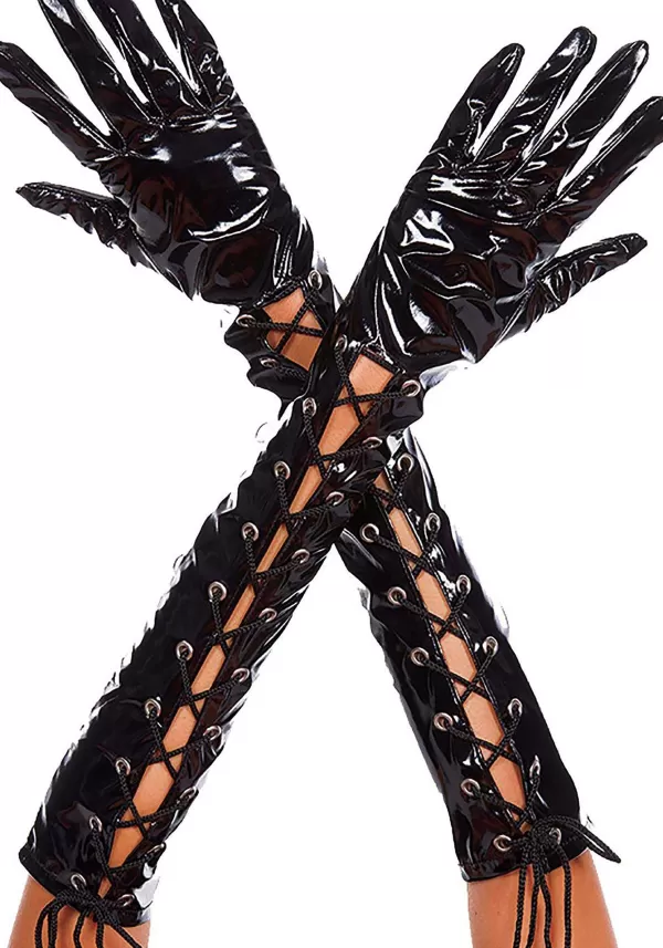 Store Black Patent Lace Up Gloves For Women Gloves