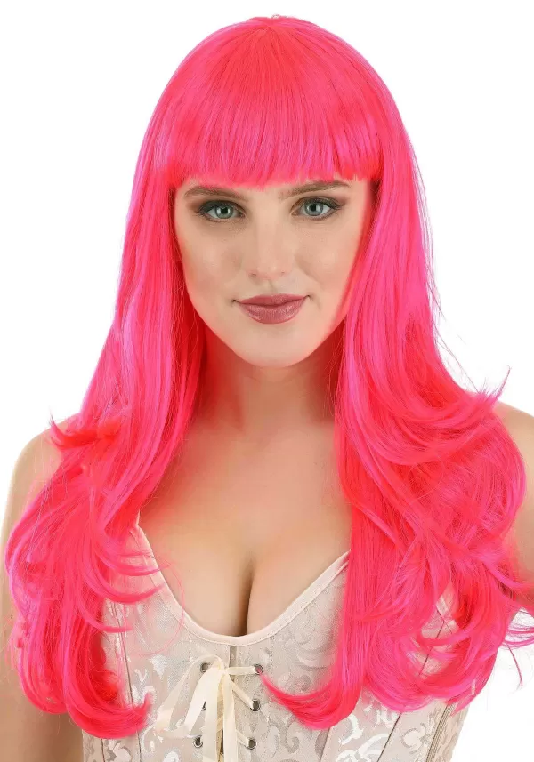 Cheap Hot Pink Long Wavy Wig For Women Wigs