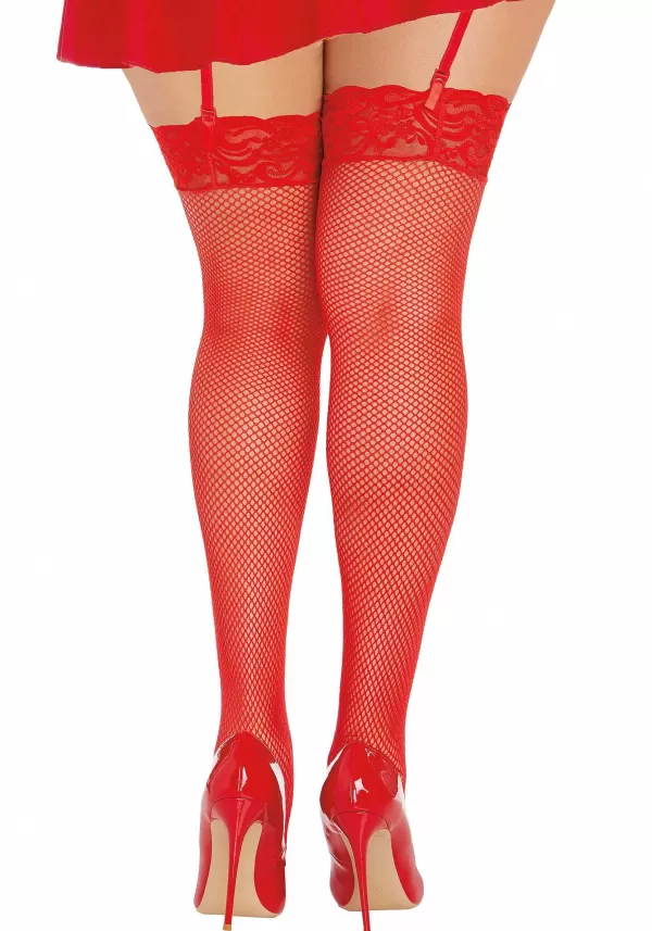 Clearance Plus Size Red Thigh High Fishnet Stockings With Lace Top For Women Fishnet Stockings