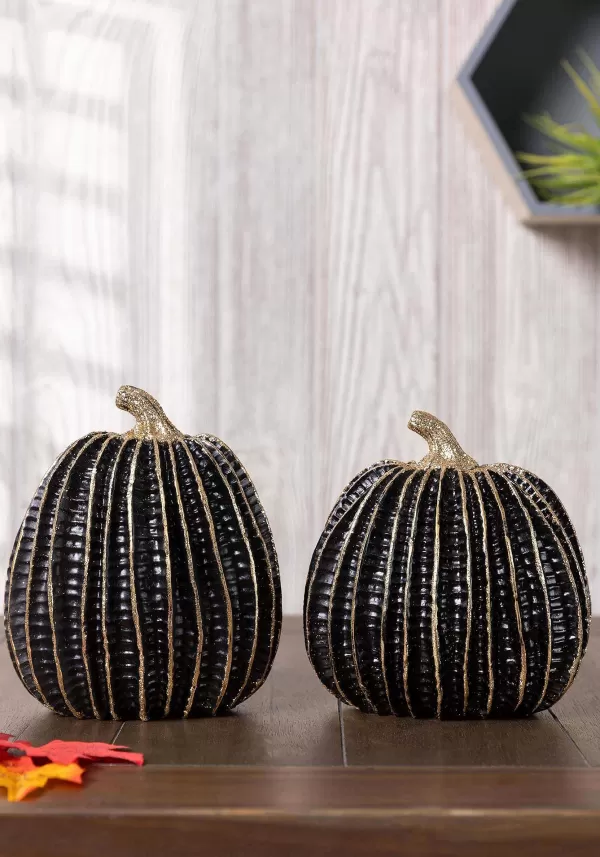 Best Sale Set Of 2 Black And Gold Striped 6" Pumpkin Decoration Halloween Props