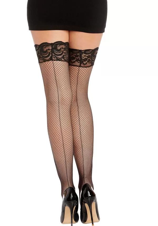 Fashion Women'S Black Fishnet Thigh High Stockings With Top Lace & Back Seam Fishnet Stockings