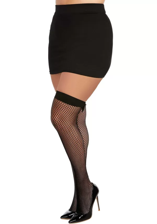 Shop Women'S Plus Black Thigh High Fishnets With Back Seam And Vinyl Bow Fishnet Stockings