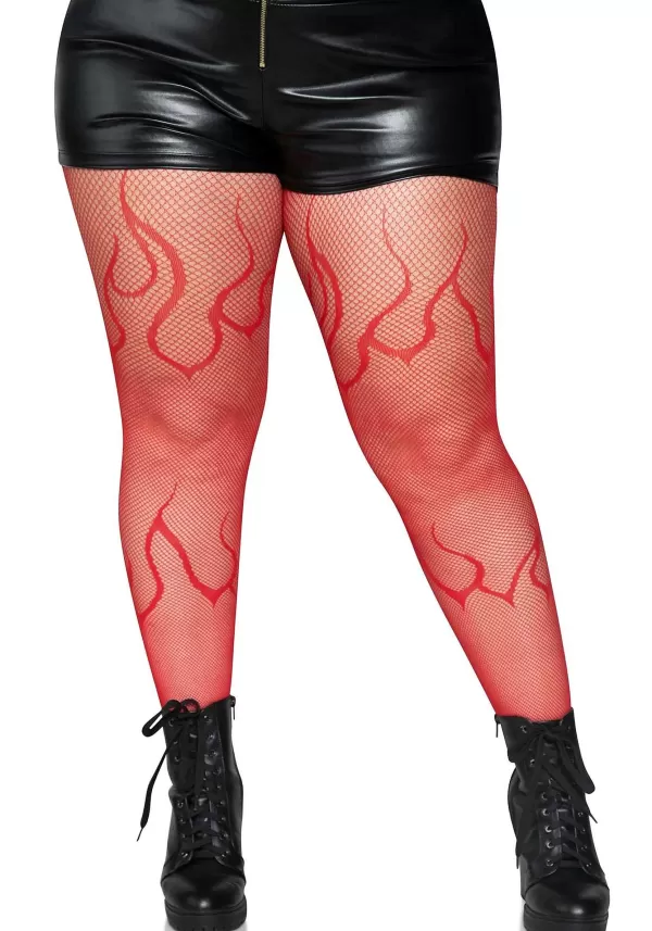 Fashion Women'S Plus Size Red Flame Net Tights Fishnet Stockings