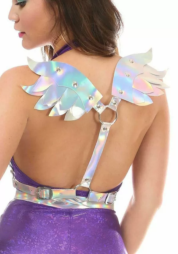 Best Sale Women'S Silver Holo Body Harness W/Wings Wings