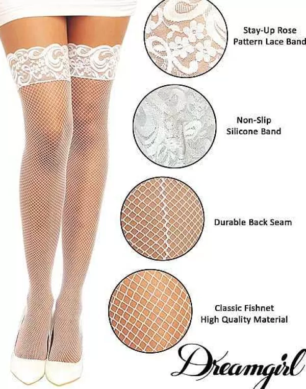 Fashion Women'S White Fishnet Thigh High Stockings With Silicone Lace Top Fishnet Stockings